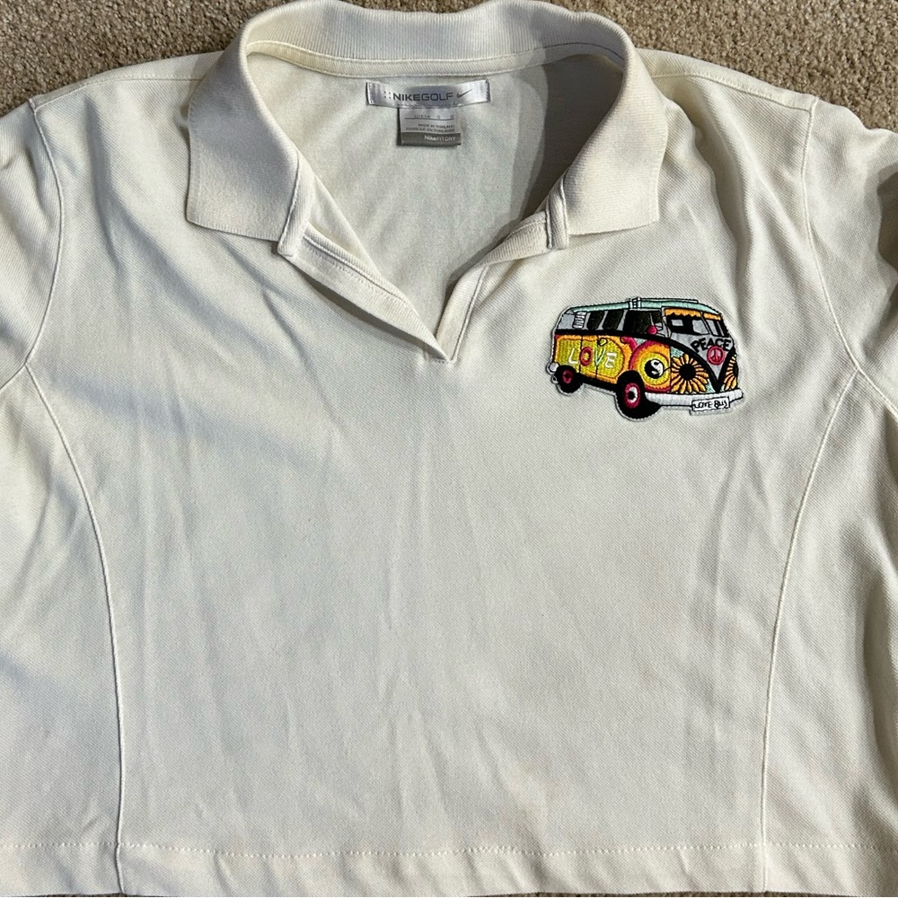 White Nike polo shirt with embroidered VW van design polo